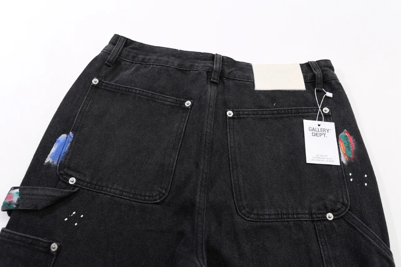 653#Gallery Dept New Hand-painted Ink Splash Patches Spliced ​​Cloth Overalls Logging Pants Distressed Washed Splicing Micro-Large Jeans Beautiful Trendy Pants Versatile Casual Pants Black Gray Khaki S~XL P290
